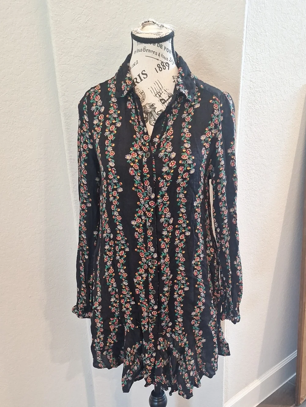 Free People Dark Romance Black Floral Long Sleeve Mini Dress Size XS